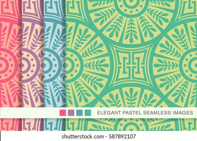 Seamless pastel background set round cross leaf geometry chain