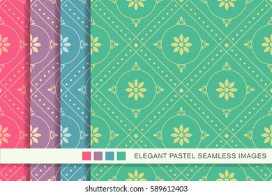Seamless pastel background set round check dot line flower