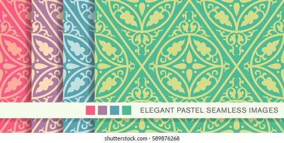 Seamless pastel background set round curve rhomb cross flower