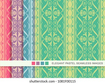 Seamless pastel background set Spiral Curve Vortex Cross Flower Frame Vine, collection of stylish vintage retro pattern ideal for greeting card banner or wallpaper design.