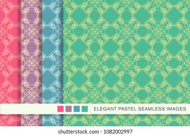 Seamless pastel background set Spiral Curve Check Cross Frame Flower Crest, collection of stylish vintage retro pattern ideal for greeting card banner or wallpaper design.