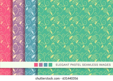 Seamless pastel background set spiral leaf vine rose flower