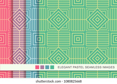 Seamless pastel background set Square Check Spiral Cross Frame Line, collection of stylish vintage retro pattern ideal for greeting card banner or wallpaper design.