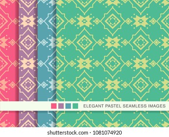 Seamless pastel background set Star Cross Frame Check Flower, collection of stylish vintage retro pattern ideal for greeting card banner or wallpaper design.
