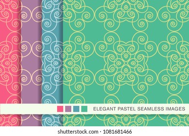 Seamless pastel background set Vortex Spiral Curve Cross Frame Vine, collection of stylish vintage retro pattern ideal for greeting card banner or wallpaper design.