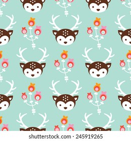 Seamless pastel blossom deer illustration reindeer antlers kids colorful background pattern in vector