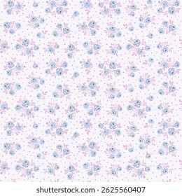 Seamless Pastel Blue Rose Floral Pattern with Pink Leaves and Polka Dot Background