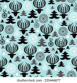 Seamless pastel blue scandinavian christmas woodland background collection deer tree and abstract retro shape pattern in vector