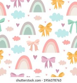 seamless pastel boho pattern with rainbow, clouds and bows. charming the background for baby