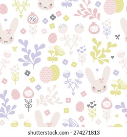 Seamless pastel bunny spring blossom and easter eggs illustration background pattern in vector