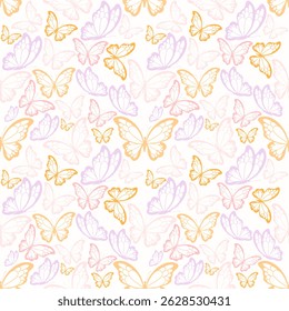 Seamless pastel butterfly pattern in pink, purple, and orange. Cute and soft design for fabric, wallpaper, wrapping paper, or kids’ decor. Light and elegant spring or summer background.