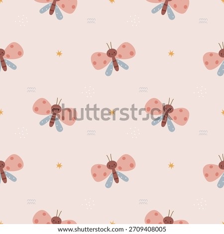 Seamless pastel butterfly pattern in Scandinavian minimal style. Cute pink and beige insects with decorative stars. Perfect for nursery, fabric, wrapping, and kids’ products.