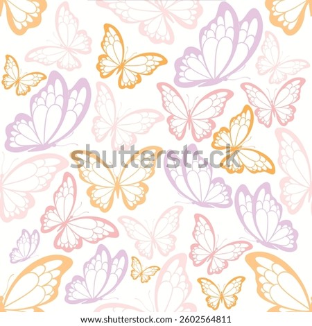 Seamless pastel butterfly pattern in soft pink, lavender, and peach tones. Light and airy design, perfect for textiles, wallpapers, gift wrap, invitations, baby products, and spring-themed projects.