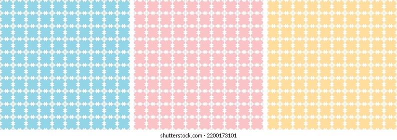 Seamless pastel checkered background in pink, yellow and blue.  Set of checkered vector patterns.