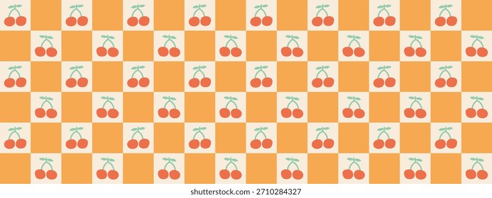 Seamless pastel checkered orange background with cherri. A cute retro pattern perfect for summer day designs, textiles, scrapbooking and digital textures.