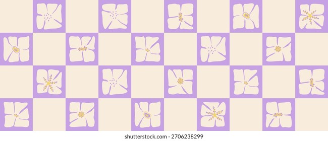 Seamless pastel checkered purple background with chamomile. A cute retro pattern perfect for summer day designs, textiles, scrapbooking and digital textures.