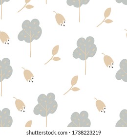 Seamless pastel color pattern Tree with twigs and flowers. Cute  cartoon characters. Design ideas for printing, gift wrapping background, children's clothing, textile, vector illustrations.