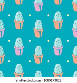 Seamless pastel colored cactus pattern on blue background with dots