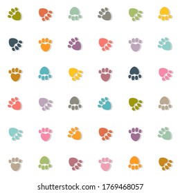 Seamless pastel colored pattern made of heart shaped footprints with drop shadow on white background. Repeating modern tiling, wrappping papers, wallpapers etc. 