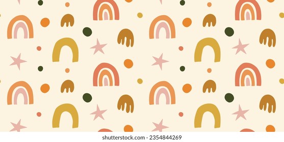 Seamless pastel colored vector pattern of rainbows and abstract doodle hand drawn organic shapes.