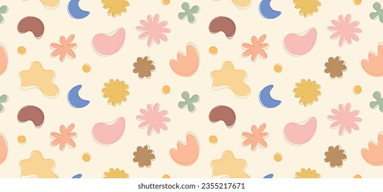 Seamless pastel colored vector pattern of abstract doodle hand drawn organic shapes.