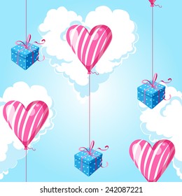 Seamless pastel colors pattern with  gift boxes, heart shaped clouds and balloons. Can be used for cards, invitations, fabrics, wallpapers, scrap-booking, ornamental template for design 