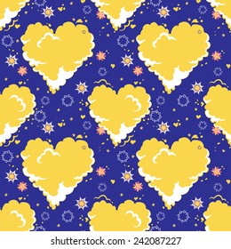 Seamless pastel colors pattern with heart shaped clouds and stars. Can be used for cards, invitations, fabrics, wallpapers, scrap-booking, ornamental template for design and decoration, etc