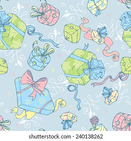 Seamless pastel colors pattern with vintage stylized  retro gift boxes. Can be used for cards, invitations, fabrics, wallpapers, scrap-booking, ornamental template for design and decoration, etc