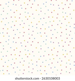Seamless pastel confetti pattern with small multicolor dots on cream background. Minimalist, playful design for kids decor, party invitations, wrapping paper, fabric, stationery, packaging, nursery