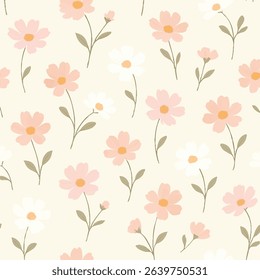 Seamless pastel cosmos flower pattern with pink and peach blooms on soft beige. Ideal for textiles, wallpaper, and feminine designs.