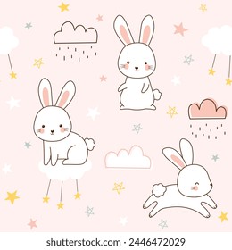 Seamless pastel cute bunny cloud on pink background. Childish spring rabbit in the sky pattern design. Vector illustration for print.