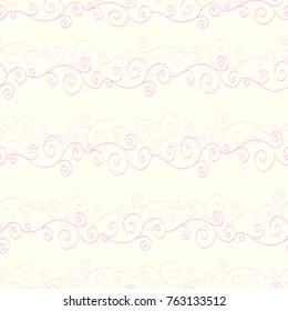 Seamless pastel cute pink pattern with hand-drawn strips of curls, spirals and waves for girls