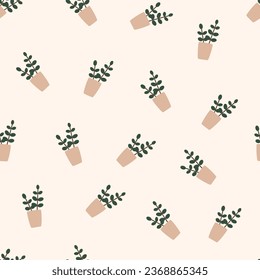 Seamless pastel cute plant pot pattern abstract. Green leaves branches and plant pot. Spring or summer print for fabric, wrapping, textile, wallpaper, card, paper gift, phone case, stationery.