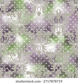 Patrón ornamental de damasco pastel sin costuras con Elementos florales arabescos y fondo texturizado. Elegante diseño de Vector decorativo para Fondos de pantalla, textiles, embalaje, scrapbooking, invitaciones, impresiones de tela y decoración de interiores. Repita el patrón. Ilustración vectorial.