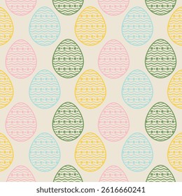  Seamless pastel Easter egg pattern with decorative zigzag and dotted lines in soft pink, blue, yellow, and green tones. Ideal for spring crafts, wrapping paper, and holiday design projects.