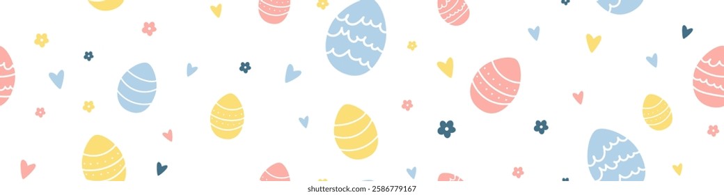 Seamless pastel Easter pattern featuring decorated eggs, flowers, and hearts on a transparent background. Perfect for seasonal designs, cards, wrapping paper, and spring-inspired projects.