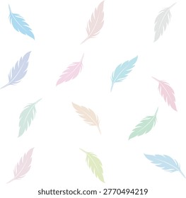 Seamless pastel feather pattern, colorful floating feathers vector design, isolated