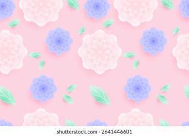 Seamless pastel floral papercut pattern with soft pink and purple flowers, green leaves, and pink background. Flowers, leaf, botanical, art. Great for fabric, print, wallpaper, and stationery design.