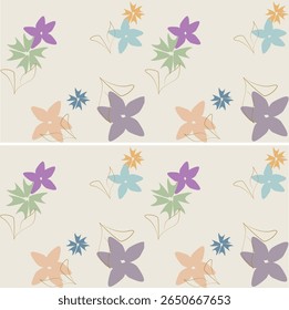 Patrón floral pastel sin fisuras con flores abstractas y hojas de línea dibujadas a mano, ideal para el diseño de la tela de la primavera, Fondo de pantalla de los niños, papel de embalaje, papelería, textiles, fondos digitales
