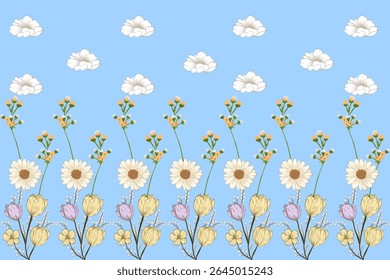 Seamless Pastel Floral Pattern with Daisies, Yellow and Purple Blooms, and White Cloud Accents on Blue Background – Delicate Spring Garden Design for Fabric, Wallpaper, and Digital Crafts