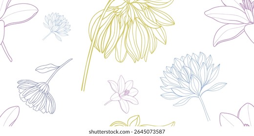 Padrão floral pastel sem costura com delicadas flores desenhadas à mão sobre fundo branco, ilustração botânica elegante para design de tecido, papéis de parede, embalagem e fins decorativos.

