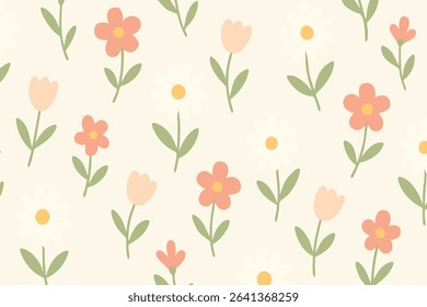 Seamless pastel floral pattern featuring delicate leaves and simple blossoms in a flat digital style.