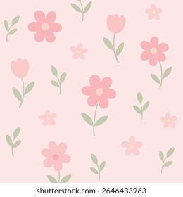 A seamless pastel floral pattern featuring soft pink and coral flowers with light green leaves on an off-white background, perfect for stationery, textiles, and digital designs