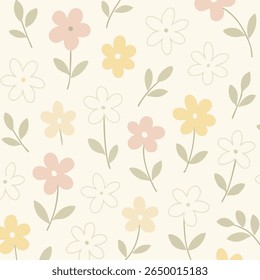 Um padrão floral pastel sem costura com flores desenhadas à mão em tons suaves de rosa, amarelo e esbranquiçado, com folhas verdes sábias em um fundo bege