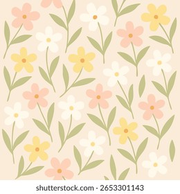 A seamless pastel floral pattern featuring five-petal flowers in pink, yellow, and off-white with sage green leaves on a beige background. Perfect for cute and girly designs.