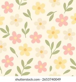 Um padrão floral pastel sem costura com flores macias cor-de-rosa, amarelas e esbranquiçadas com folhas verdes sábias em um fundo bege quente. Estilo bonito, feminino e minimalista.