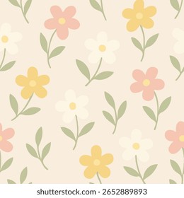 Um padrão floral pastel sem costura com flores de cinco pétalas em rosa, amarelo e esbranquiçado com folhas verdes sábias em um fundo bege. Perfeito para projetos de design bonito, feminino e minimalista.