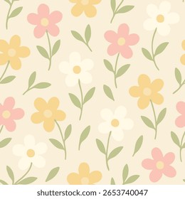 A seamless pastel floral pattern with five-petal flowers in pink, yellow, and off-white, paired with sage green leaves on a beige background. Soft, cute, and sweet in style.