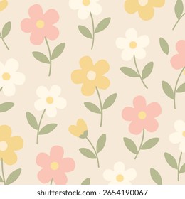 Um padrão floral pastel sem costura com flores de cinco pétalas em rosa, amarelo e esbranquiçado, e folhas verdes sábias em um fundo bege macio. Design bonito e doce.