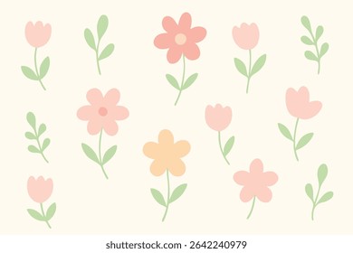 A seamless pastel floral pattern in flat minimalist style, perfect for fabric, stationery, or digital backgrounds.